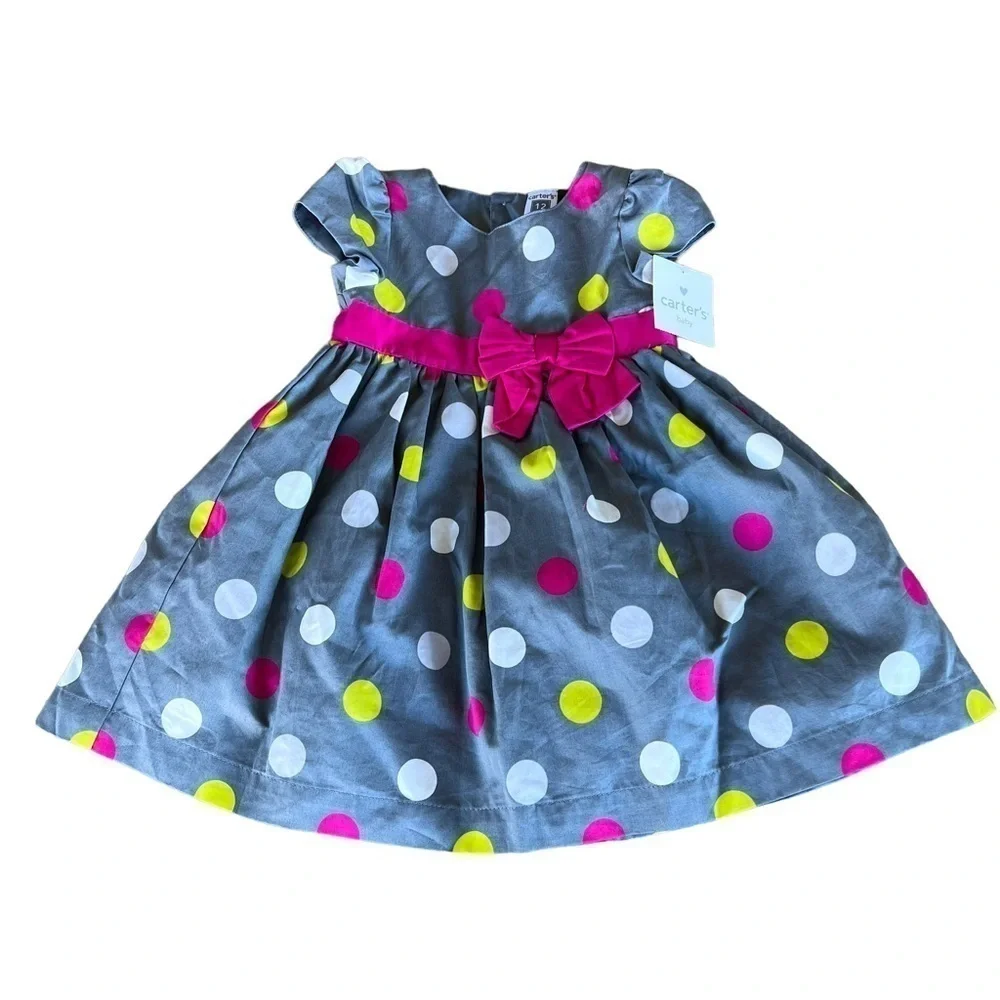 Carter’s Dress Me Up Polka Dot Dress Baby 12 Months Gray Pink Sash Bow Tulle NWT